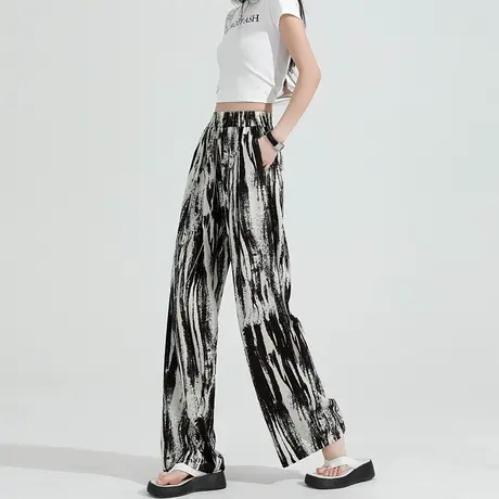 冰丝印花阔腿裤女夏季薄款高腰垂感窄版凉凉直筒设计感休闲防晒裤商品大图