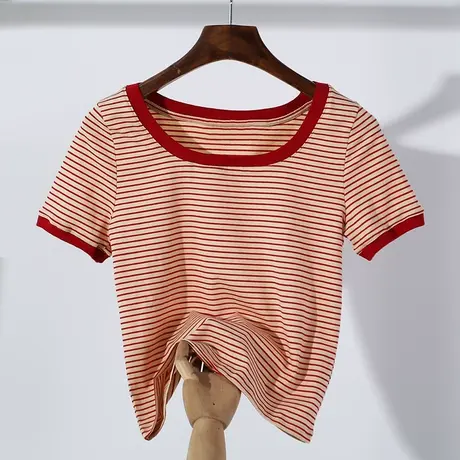 纯棉条纹短袖t恤女2022夏季新款低领露锁骨体恤紧身短款打底上衣商品大图
