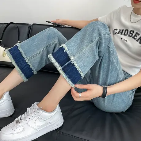 法棍九分高腰直筒牛仔裤女春秋新款小个子撞色毛边小众窄版阔腿裤商品大图