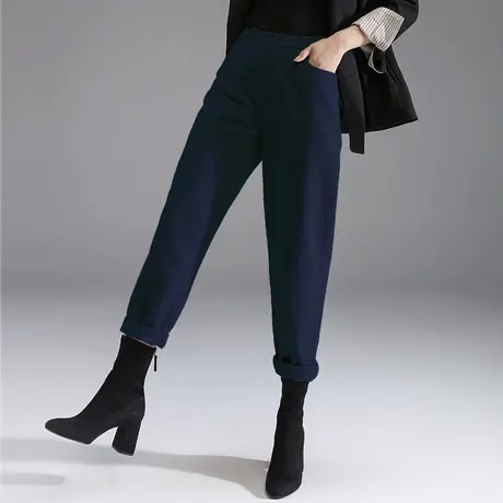 藏青色灯芯绒裤子女秋冬2024新款加绒加厚条绒女裤休闲九分哈伦裤商品大图