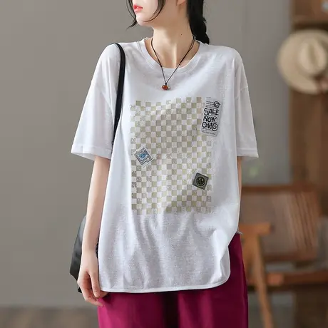 dza复古纯棉宽松t恤女士短袖夏季2023漂亮圆领休闲体恤打底短上衣商品大图