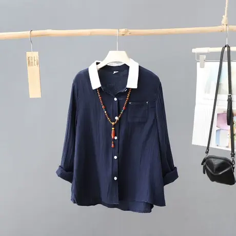 小众拼色长袖衬衫女春装新款文艺棉质简约撞色宽松衬衣上衣打底衫商品大图