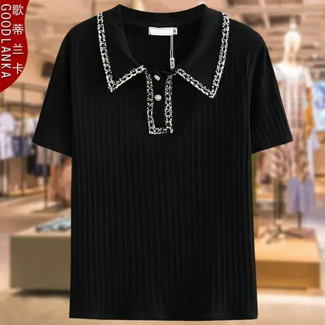 中年妈妈装短袖POLO衫香风领上衣洋气时尚气质大码女装坑条棉T恤商品大图