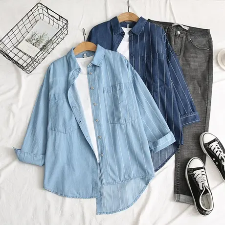 深蓝色牛仔衬衫女2021秋装新款韩版不规则双口袋条纹拼接衬衣上衣图片