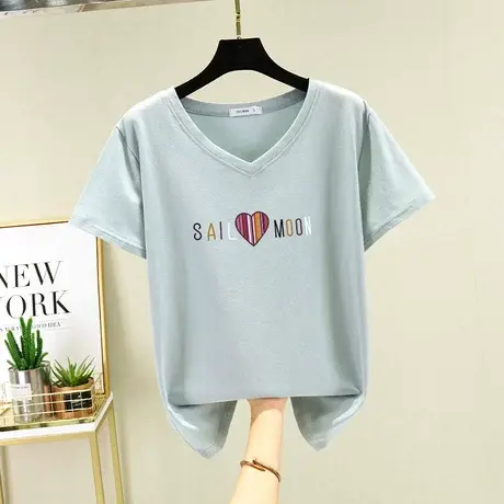 纯棉百搭英文字母显瘦大码上衣2022新款夏季宽松V领短袖t恤女装潮图片