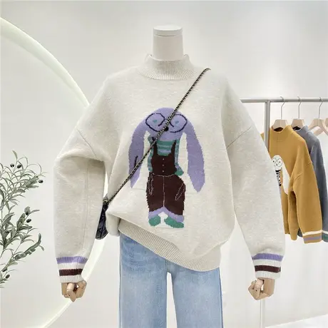 洋气设计感小众撞色小兔子软糯浣熊绒加厚套头毛衣女上衣针织衫冬图片