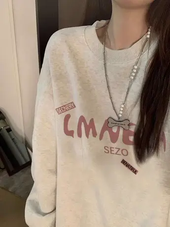 美式圆领卫衣女秋季薄款宽松小众长袖上衣设计情侣无帽外套女春秋图片