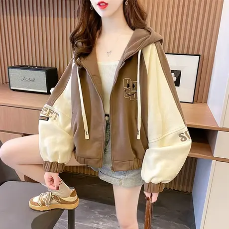早春装短款卫衣女春秋季韩版宽松薄款拼色百搭学生小个子开衫外套图片