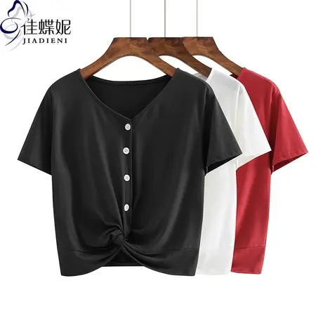 夏季新款韩版圆领小宽松纯色纯白短款褶皱短袖体恤上衣内搭打底女商品大图