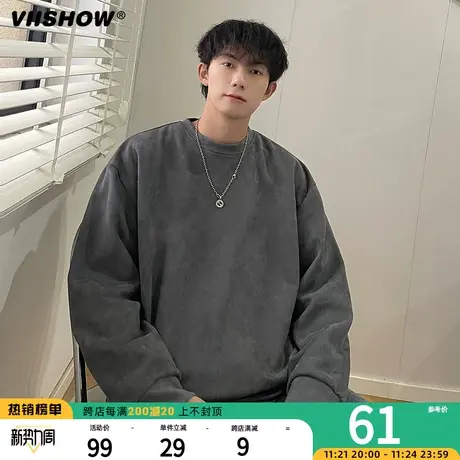 VIISHOW圆领日系宽松长袖卫衣男款秋季ins风外套高街复古麂皮绒图片