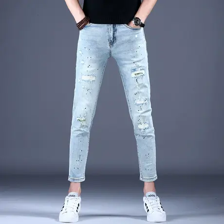 夏天九分破洞牛仔裤男款休闲裤子男修身小脚涂鸦美式高街秋冬潮流图片