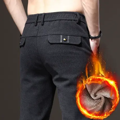 秋冬季西裤男裤子加绒加厚磨毛呢男士休闲长裤直筒宽松紧百搭外穿图片