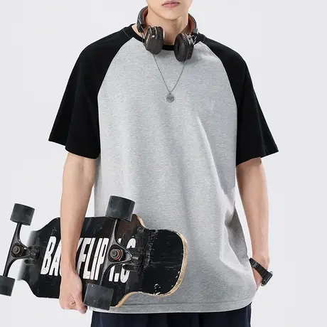 青少年插肩袖t恤男短袖纯棉夏季衣服2023年新款拼接体恤运动上衣商品大图