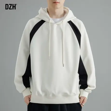 男士白色卫衣男连帽美式重磅上衣男款春秋季2024新款男装拼接外套商品大图