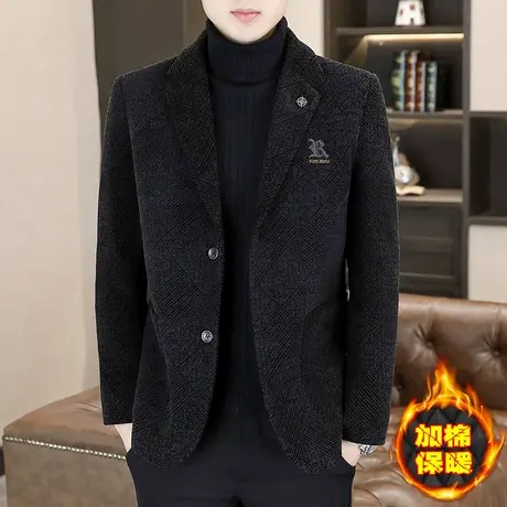 秋冬季男士加棉加厚毛呢子西服高端痞帅休闲雪尼尔小西装格子外套图片