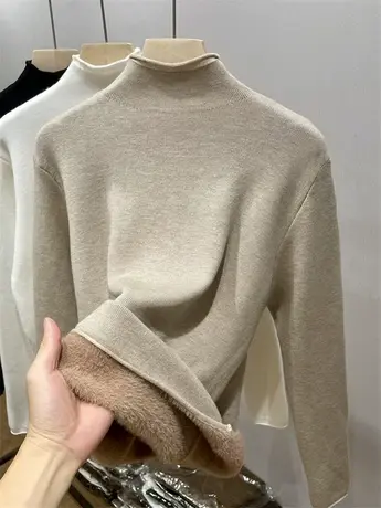 半高领加绒加厚内搭打底衫女秋冬季一体绒针织衫保暖洋气毛衣上衣商品大图