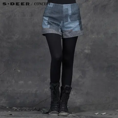 sdeer圣迪奥女装冬装抽象几何色块印花毛呢短裤S15480921商品大图