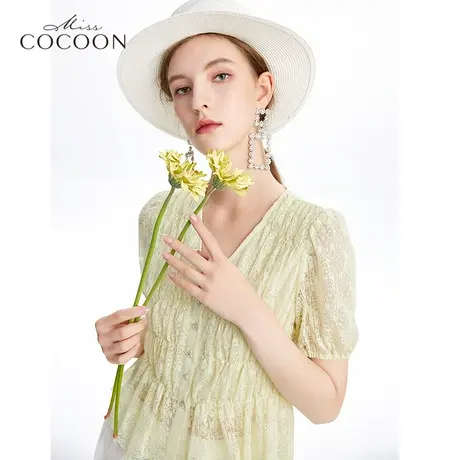 miss COCOON2023夏季新款女蕾丝甜美气质V领设计感小众法式雪纺衫商品大图