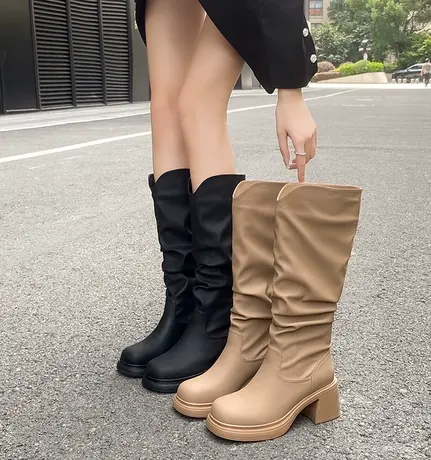 靴子女长筒靴2023新款秋冬长靴粗高跟堆堆靴西部牛仔靴高筒骑士靴图片