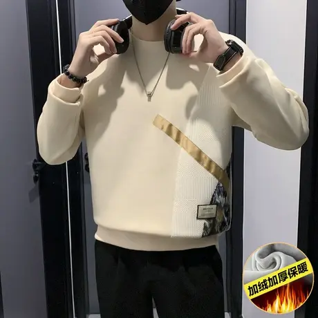加绒卫衣男秋冬2023新款个性拼接设计感青年加厚印花打底上衣长袖商品大图