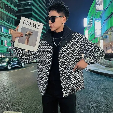 潮牌立领棉服男冬季2023新款时尚高级感满印花色棉衣轻熟棉袄外套商品大图