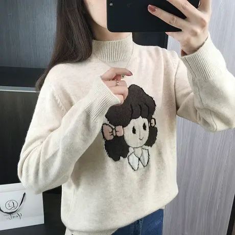 2023秋冬季新款卡通洋气针织衫女士毛衣半高领套头上衣宽松打底衫图片