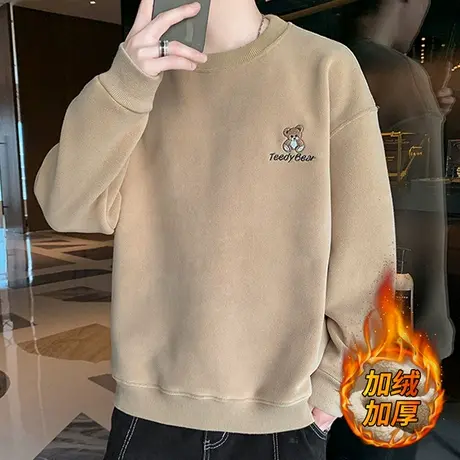 奥粒绒小熊圆领卫衣男秋冬款潮牌宽松套头上衣服加绒加厚长袖体恤商品大图