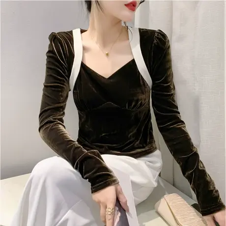 春装2024新款T恤撞色拼接镂空丝绒洋气减龄上衣女修身长袖打底衫图片