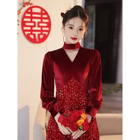 长袖敬酒服新娘冬季酒红色结婚晚礼服高端轻奢小众订婚连衣裙亮片商品大图