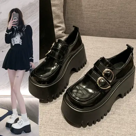 粗高跟黑色小皮鞋女2024春季新款单鞋女鞋小个子增高厚底乐福鞋子商品大图