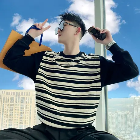 设计感条纹卫衣T恤男春季2024新款潮流韩版宽松个性小众长袖外套图片