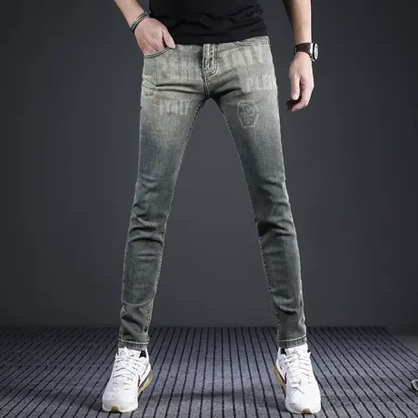 高端潮牌印花牛仔裤男修身小脚2024新款春夏季复古水洗弹力男裤子商品大图