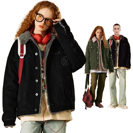 ER仿羊羔毛拼接牛仔外套潮牌冬季上衣男女同款图片