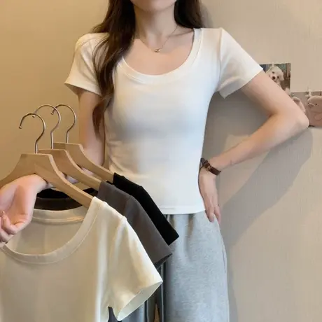 韩系纯色半袖T恤女早春夏装百搭修身显瘦打底衫小个子短款上衣服图片