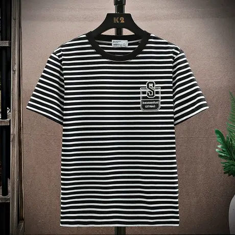 条纹圆领男士短袖t恤潮流夏季半袖修身打底衫男装休闲纯棉上衣服商品大图