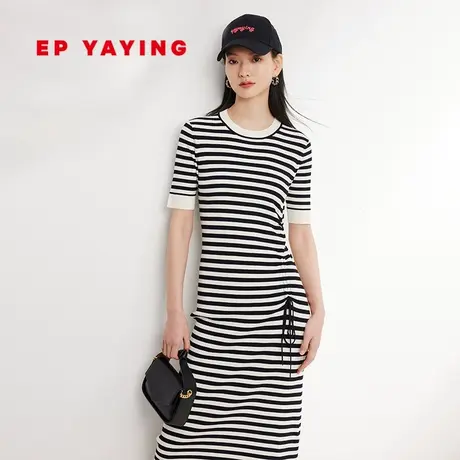 EP YAYING雅莹女装 黑白撞色条纹抽褶连衣裙 2024春装新款9405A图片