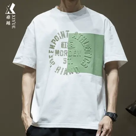 2024新款 设计感钢印撞色T恤男夏季宽松圆领冰丝短袖胖子大码打底商品大图