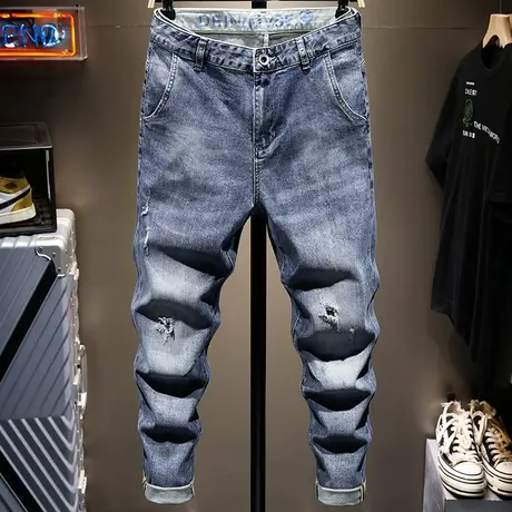 夏天薄款小脚牛仔裤男士修身韩版潮牌百搭破洞休闲裤长裤子男学生商品大图