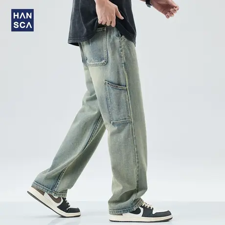 hansca牛仔裤男潮牌夏季美式复古水洗做旧直筒宽松痞帅大码长裤子商品大图