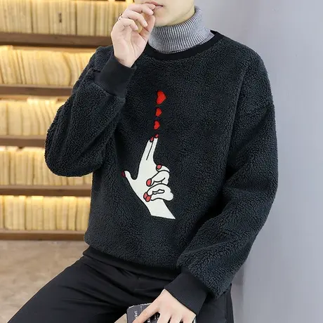 冬季卫衣男可翻高领羊羔绒加绒加厚保暖假两件上衣颗粒绒潮流外套图片