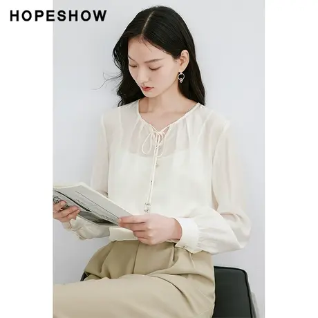 红袖泡泡袖系带圆领上衣hopeshow2024春季新款休闲轻薄内搭雪纺衫图片