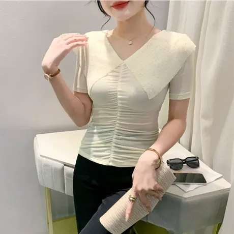 网纱荷叶边T恤女短袖女装新款性感镂空V领拼接褶皱上衣烫钻打底衫商品大图