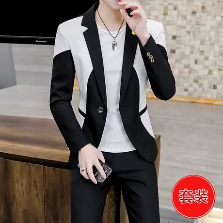西服男春秋季韩版潮流休闲一套装衣服时尚男装帅气拼色小西装外套商品大图