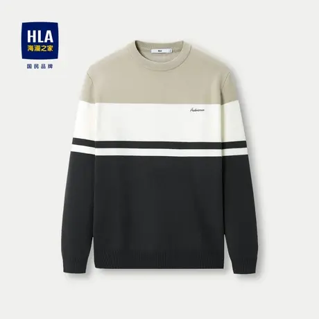 HLA/海澜之家条纹长袖针织衫23秋冬新加绒加厚圆领套头修身上衣男图片