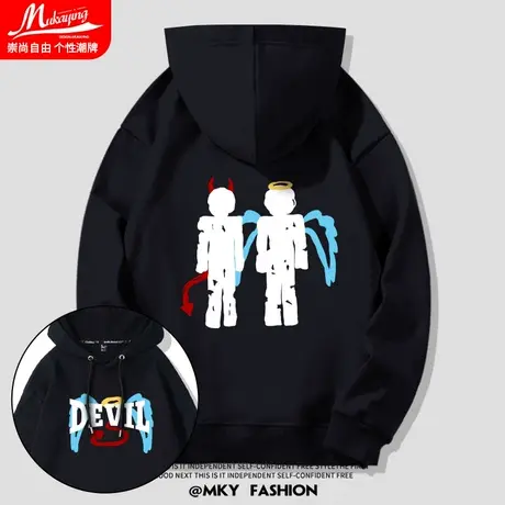 美式潮流趣味天使恶魔印花连帽卫衣男春秋款青少年百搭休闲上衣服图片
