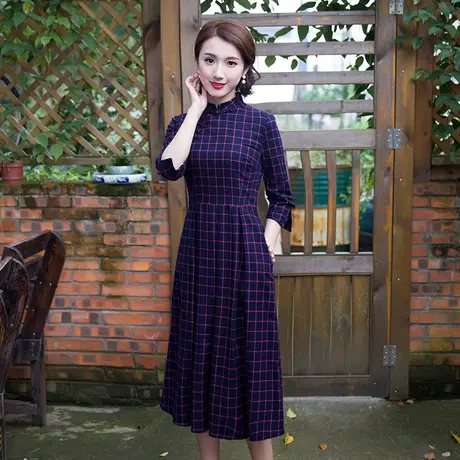 筠雅旗袍改良版连衣裙轻熟风修身显瘦时尚复古短款棉麻格子套裙商品大图