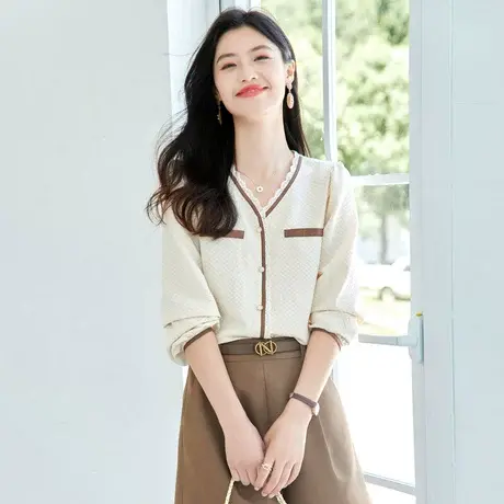 时尚甜美气质长袖衬衫2022年秋季新款淑女温柔显瘦通勤V领上衣商品大图
