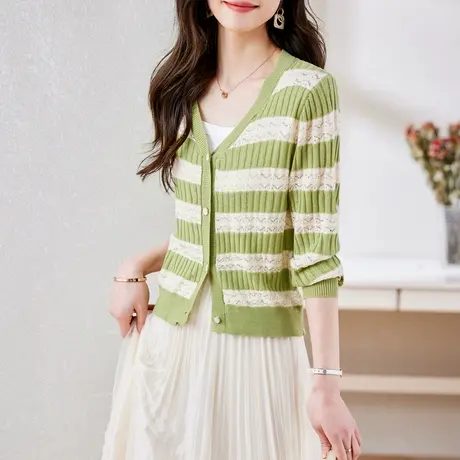 时尚气质淑女针织开衫2023年春季新款温柔简约条纹宽松V领上衣商品大图