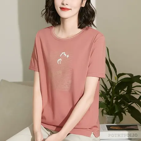 纯棉短袖T恤女2023夏季新款圆领中年妈妈装休闲韩版大码上衣小衫商品大图