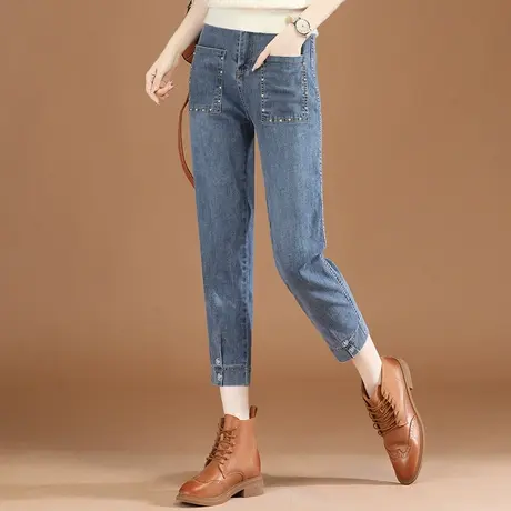 韩潮袭人港风柳钉高腰直筒九分牛仔裤女2023秋装新款宽松哈伦裤子商品大图